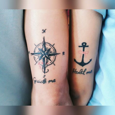 Anchor And Compass Tattoo Couples, March Tattoo, Compas Tattoo, Married Couple Tattoos, Father Daughter Tattoos, Couples Tattoo, Around Arm Tattoo, Different Drawing Styles, Saved Tattoo