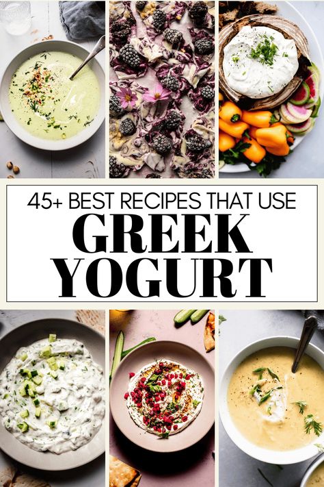 Looking for some Greek yogurt recipes to help you meet your protein goals? Here are 45+ tasty recipes that use Greek yogurt. From dips, to soups, sweet treats & more! Recipes W Greek Yogurt, Ways To Use Greek Yogurt, Greek Yogurt Meals, Greek Yogurt Uses, Greek Yogurt Dinner Recipes, High Protein Meals With Greek Yogurt, Healthy Greek Yogurt Recipes, Recipes Using Greek Yogurt, Recipes With Greek Yogurt