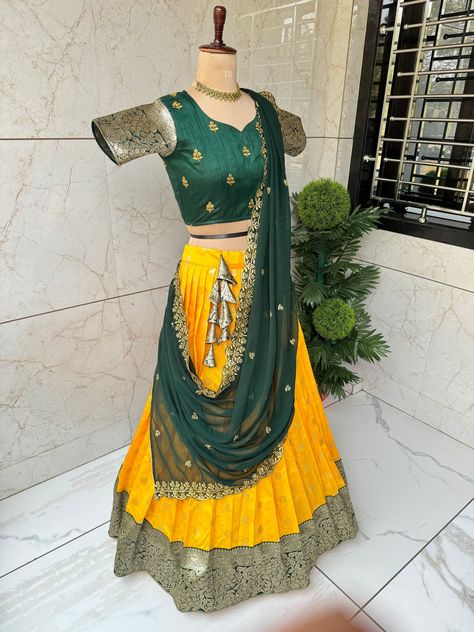 Yellow Green Half Saree, Ruffle Lehenga Skirt, Half Saree Designs South Indian, Kanjivaram Lehenga, Green Half Saree, Pink Half Sarees, Silk Half Saree, Lehenga For Girls, Lehenga Stitched