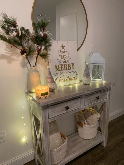 Half Moon Table Christmas Decor, Entry Table Christmas Decor Ideas Modern, Christmas Decor End Table, Small Entryway Table Christmas Decor, Christmas Accent Table Decor, Accent Table Christmas Decor Ideas, Winter Console Table Decor, Xmas Entry Table Decor, Small Entryway Christmas Decor