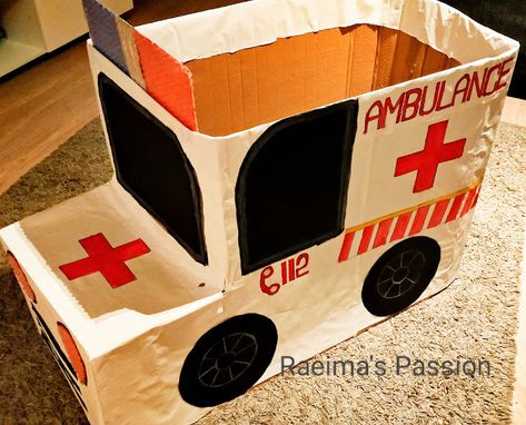 Raeima's Passion: HOW TO MAKE AMBULANCE CAR USING CARDBOARD BOX/என்... Ambulance Art And Craft, Diy Ambulance Cardboard, Cardboard Box Ambulance, Ambulance Craft, Cardboard Cars, Pet Study, Squirrel Costume, Cooking Crafts, All About Me Crafts