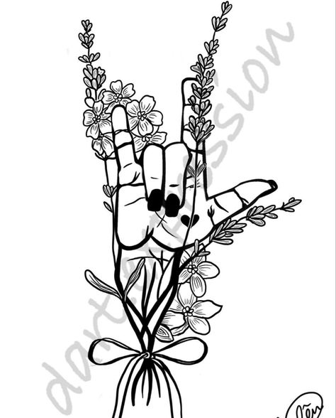 I Love You Asl Tattoo With Flowers, Slp Tattoo Ideas, Asl I Love You Tattoo, Asl Tattoo, Mine Tattoo, Art Outline, Love Yourself Tattoo, Metal Health, Ink Therapy