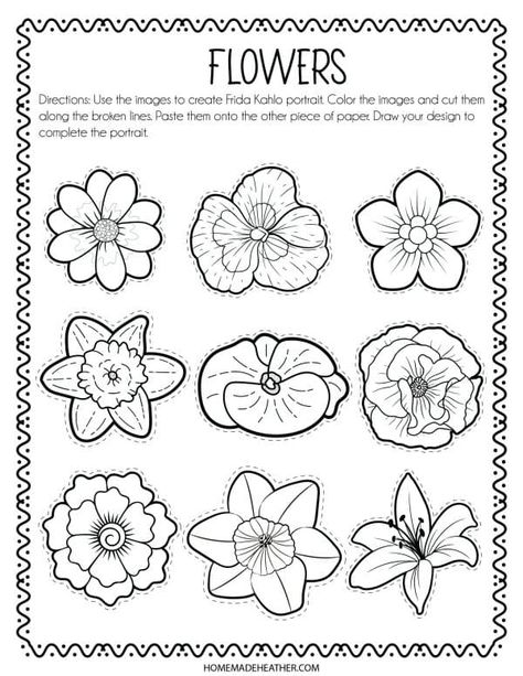 Frida Kahlo Flowers Paintings, Frida Khalo Kids Art Projects, Frida Khalo Flowers, Frida Kahlo Printables Free, Frida Kahlo For Preschool, Frida Kahlo Artist Research Page, Frida Kahlo Projects For Kids, Famous Artist Coloring Pages, Frida Kahlo Coloring Page