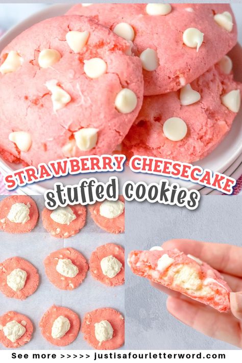 Cheesecake Cake Mix Cookies, Stuffed Cheesecake Cookies, Cream Cheese Stuffed Cookies, Cheesecake Stuffed Chocolate Chip Cookies, Cheesecake Stuffed Cookies Recipes, Strawberry Cheesecake Cookies Recipes, Strawberry Cheesecake Crumble Cookie, Strawberry Cheesecake Stuffed Cookies, Cheesecake Stuffed Cookies