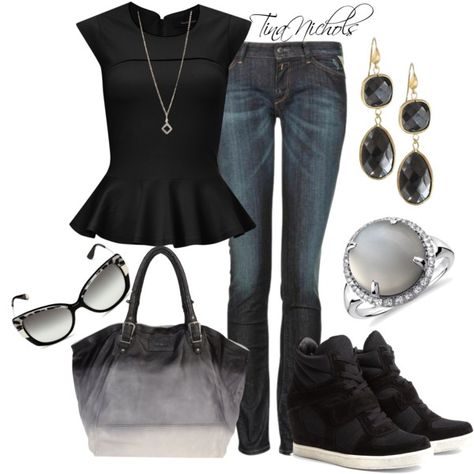 "Wedge Sneakers - 2" by tina-nichols on Polyvore Black Wedge Sneakers Outfit, Brown Wedges Outfit, Wedge Sneakers Style, Casual Clothes For Women, Wedge Sneakers Outfit, Wedges Outfit, Black Wedge Sneakers, Stylish Eve, Mode Casual