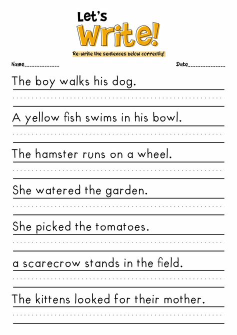 Grade 2 Sentence Writing, 1st Grade Worksheets Writing, Kindergarten Handwriting Worksheets, Writing For Kindergarten Worksheets, Writing Practice 1st Grade, Sentence Worksheets Kindergarten, Simple Sentences Worksheet Grade 2, Write Sentences Worksheets, Writing Sheets For 1st Grade