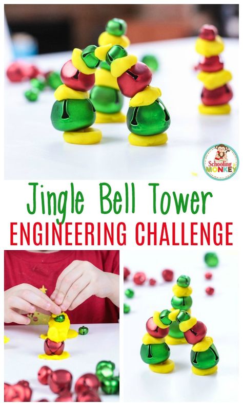 Easy Jingle Bell Engineering Challenge Perfect for Preschool J Is For Jingle Bells Preschool, December Stem Challenges, Play Doh Stem Activities, Christmas Lesson Plans Elementary, Polar Express Activities For Toddlers, Stem Christmas Activities For Kids, Eyfs Christmas, Holiday Stem Activities, Christmas Stem Challenge