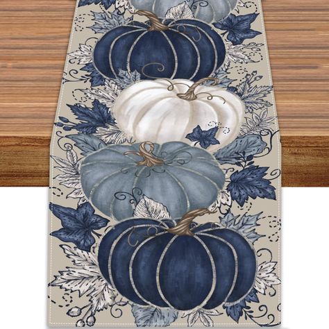 PRICES MAY VARY. 100% Polyester CELEBRATED DESIGN FOR YOU: Our fall decor table runners are designed by professionals, vintage and elegant blue and white pumpkin with unique pattern prints, show your unique fall home decor aesthetic, add a splash of color and autumn feeling to your table with our table runners. PREMIUM QUALITY FABRIC: This Thanksgiving table runner is made of 100% polyester, soft and skin-friendly, with strong stitching, our fall table runner not only protects your table from sp Blue And White Fall Table Decor, Table Runner Fall Decor, Table Runner Aesthetic, Fall Party Centerpieces For Table, Fall Table Runners Patterns Free, Cozy Fall Home Decor, Pumpkin Leaf Pattern, Vintage Fall Decorations, Blue Pumpkin Decor