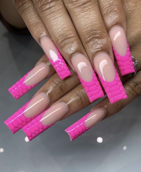 Hot Pink Aesthetic Nails Acrylic, Pink French Croc Nails, Hot Pink Acyrilics Nails, Hot Pink Nails Black Women, Medium Length Pink Acrylic Nails, Fuchsia French Tip Nails, Hot Pink Nails Acrylic Design, Hot Pink French Tip Nails Short, Long Pink French Tip Nails