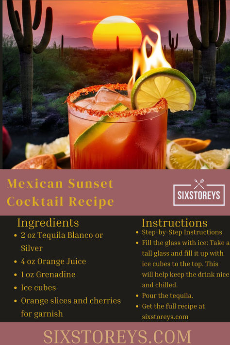 Mexican Sunset Cocktail Recipe Sunset Cocktail Recipe, Mexican Sunset, Sunset Cocktail, Juice Ice Cubes, Party Vibe, Drinks Alcohol, Margarita Recipes, Drink Ideas, Summer Refreshments