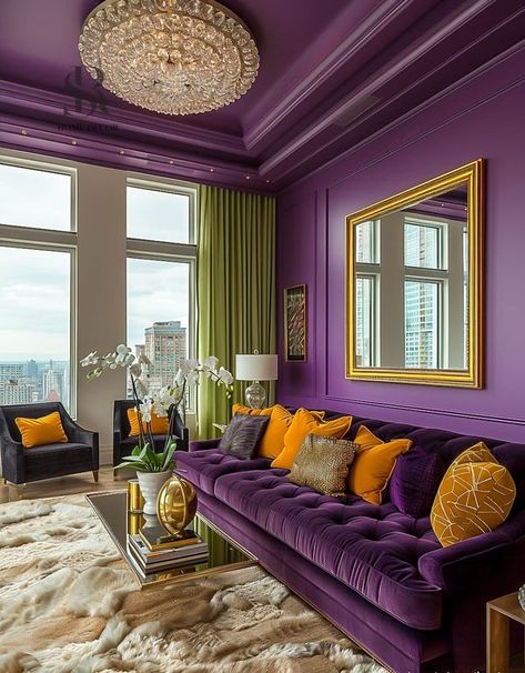 Purple Living Room Furniture, Purple Living Room Ideas, Dorm Living Room Decor, Green Couch Living Room, Purple Living Room, Velvet Sofas, Color Palette Living Room, Vibrant Living Room, Dorm Living Room