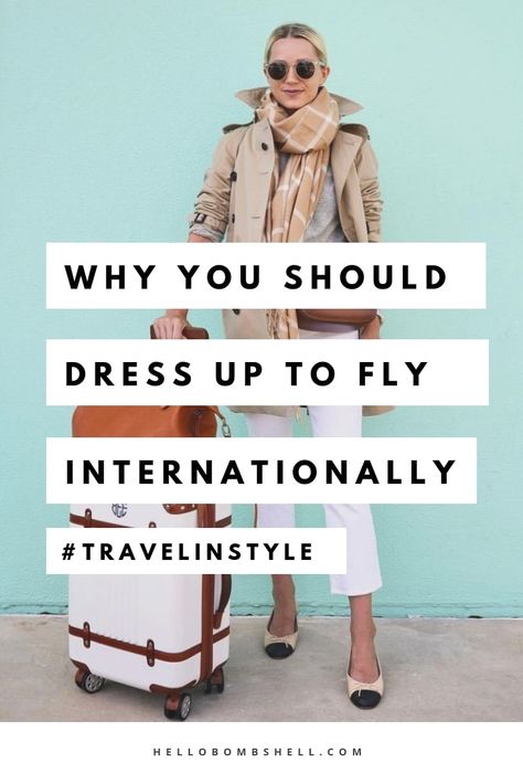 Travel outfits or deciding what to wear to the airport on a trip can be tricky. You want to be comfy but you also want to look cute, classy, and chic, right? Before you jump on the plane this summer, fall, winter, or spring for that long international trip to Europe (or anywhere), consider why you should dress up a bit. Travel Tips #traveltips International Flight Outfit, International Travel Outfit, Long Haul Flight Outfit, Classy Travel Outfit, Airplane Travel Outfits, Travel Outfit Long Flights, Travel Outfit Plane Long Flights, Long Flight Outfit, Chic Travel Outfit