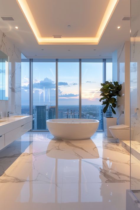 Step into luxury with this modern bathroom featuring floor-to-ceiling windows offering a breathtaking cityscape view at twilight. The sleek, white marble finishes, free-standing oval bathtub, and warm indirect lighting create a spacious and opulent atmosphere. A touch of greenery adds a natural element to this serene space. #LuxuryBathroom #CityscapeView #ModernDesign Modern Minimalist Bathroom, Oval Bathtub, Ceiling Window, Modern Luxury Bathroom, Urban Retreat, White Apartment, Bathroom Oasis, Bathroom Decor Luxury, Tiles Floor