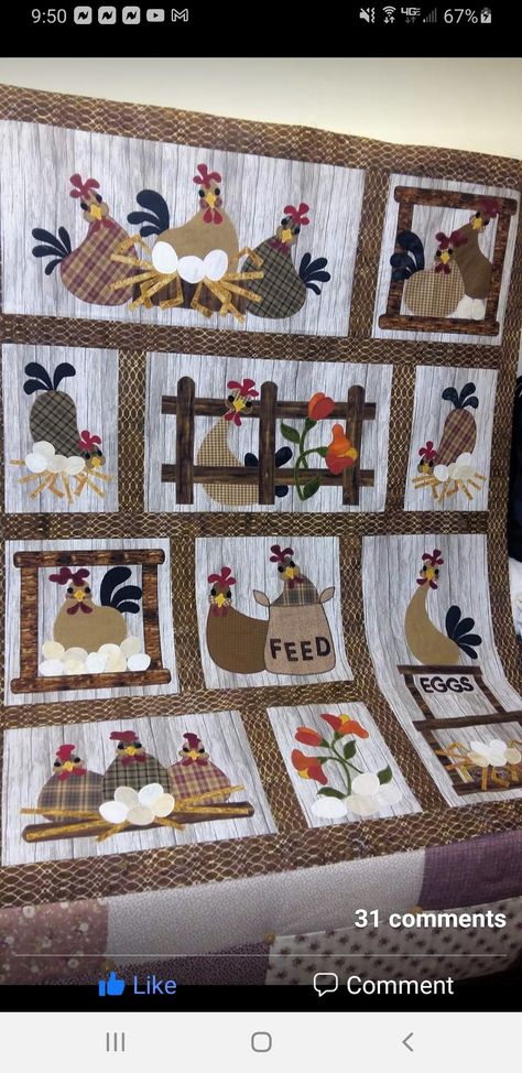 Rooster Quilt Pattern, Chicken Quilts Free Pattern Hens, Farm Animal Quilt Patterns, Country Sewing Projects, Chicken Quilt Patterns Free, Farm Quilts Ideas, Animal Quilts Patterns, Chicken Quilt Block Pattern Free, Country Quilt Patterns