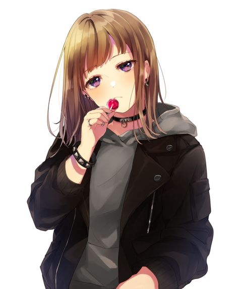 1girl absurdres bangs black_jacket brown_hair candy choker earrings food frown grey_hoodie half-closed_eyes highres holding_lollipop hood hood_down hoodie jacket jewelry layered_clothing lollipop long_sleeves looking_at_viewer medium_hair original pinky_ring shinotarou_(nagunaguex) simple_background solo studded_bracelet upper_body violet_eyes white_background Tomboy Long Hair, Girl Background, Girl With Brown Hair, Hair Anime, Anime People, Anime Eyes, Cute Anime Pics, Anime Inspired, Anime Background