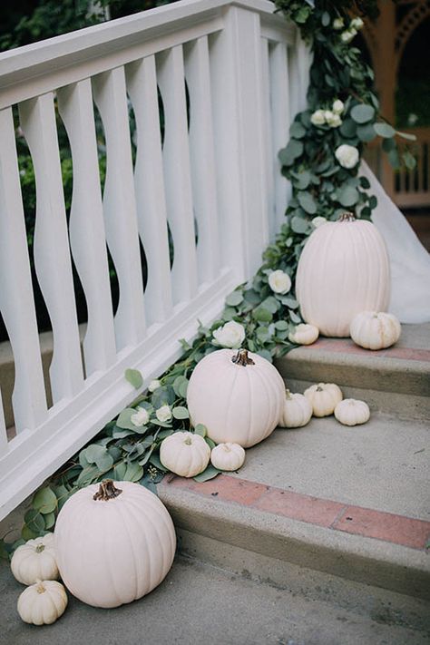 White And Green Pumpkins Wedding, Pumkin Decoration Wedding, Pumpkins Down Wedding Aisle, Dusty Blue Pumpkin Wedding, Elegant Fall Bridal Shower Ideas, Blue Pumpkin Wedding, Pumpkin Aisle Wedding, White Pumpkin Wedding Decor, Wedding White Pumpkins