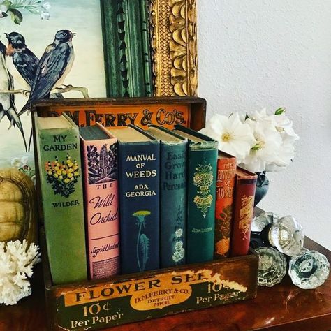 Classic Bookshelf, Antique Decorating, Small Flower Vases, Vintage Market Booth, Book Styling, Grandpa Chic, Glass Cloches, Vintage Trinkets, Vintage Book Decor