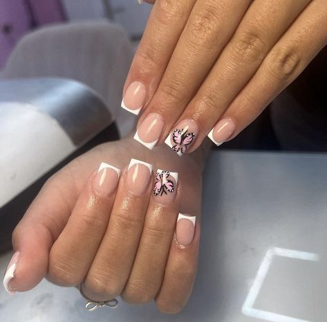 Butterfly french Butterfly Biab Nails, Short Butterfly Nails, Set Nails, Acrylic Ideas, Nail Board, Builder Gel Nails, Summery Nails, Girly Acrylic Nails, Short Square Acrylic Nails