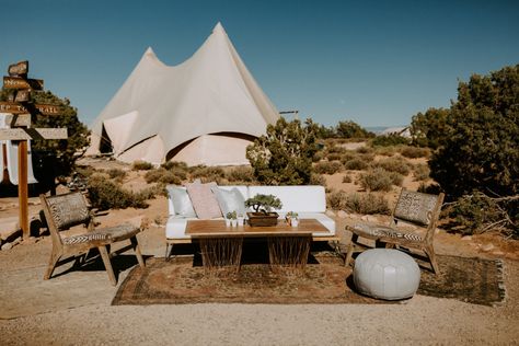 Lounge outside giant teepee at Moab Under Canvas for wedding in the desert Wedding Planner Job, Alternative Weddings, Glamping Wedding, Glamping Weddings, Festival Style Wedding, Under Canvas, Desert Boho, Elopement Shoot, Wedding Theme Inspiration