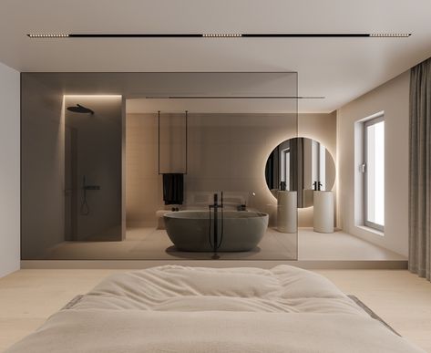 Luxury Bathroom Ideas Master Suite, Ensuite Layout, Ensuite Bathroom Designs, Aesthetic Interior Design, Bedroom Ensuite, Track Lights, Interior Design Per La Casa, Master Ensuite, Bathtub Design