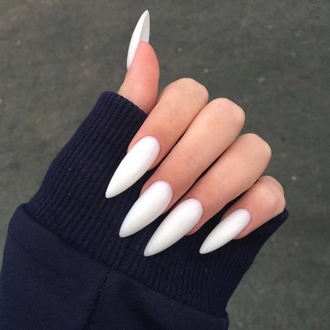 Long White Nails, White Stiletto Nails, White Almond Nails, Long Almond Nails, White Stilettos, Long Stiletto Nails, Sharp Nails, White Acrylic Nails, Stiletto Nails Designs