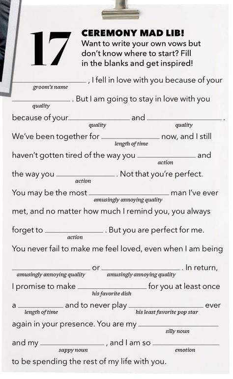 Wedding vow Mad Lib from Brides Magazine Wedding Vow Mad Libs, Modern Vows, Real Wedding Vows, Wedding Gift Etiquette, Bride Shower Games, Wedding Vows Template, Leopard Wedding, Romantic Wedding Vows, Vows Quotes