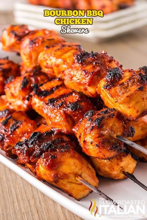 Bourbon BBQ Chicken Skewers - The Slow Roasted Italian Bbq Chicken Skewers, Grilled Kabob Recipes, Slow Roasted Italian, Pollo Recipe, Barbecue Chicken Recipe, Chicken Skewer Recipe, Barbeque Chicken, Kabob Skewers, Beef Kabobs