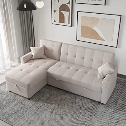 MGH Reversible Sectional Sleeper Sofa, 82In Wide Sectional Sofa Couch with Storage, Pull-Out Sofa Bed L-Shape Sectional Sofa with Chaise for Living Room Small Apartment (Light Grey), LV7047 Wide Couch, Living Room Small Apartment, Couch With Storage, Linen Couch, Modern Sleeper Sofa, Couch With Ottoman, Pull Out Couch, Sofa Inspiration, Sectional Sofa With Chaise