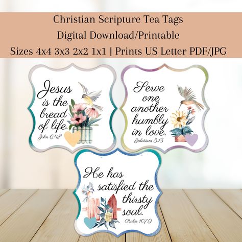 Welcome! This listing is for these beautiful, colorful Christian scripture tea tags that you can easily download and print from the comfort of your own home. These tags feature beautiful scripture from the Bible and come in a variety of colors to add a cheerful touch to your teatime. Perfect for a special occasion or for everyday use, these tea tags make a wonderful addition to any kitchen. They also make great gifts for friends and family who appreciate the beauty of the Word of God. Thank you for considering this product! **No physical item will be shipped** This item is available for you to instantly download after purchasing.  What you receive: * 4 high quality PDF files *Zipped (300 dpi) JPG with 4 pages  Sizes: *4x4 *3x3 *2x2 *1x1  These files are not editable. You cannot add or chan Scripture Tea Tags, Tea Bag Tags, Scripture Tea, Tea Tag, Ladies Tea, Women's Retreat, Scripture Gift, Beautiful Scripture, Tags Printable