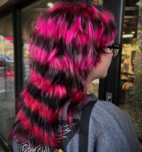 Obsessed isn’t even the word! 

How cute is this by peachypaigehair 😍💜 Pink Striped Hair, Fall Vivid Hair, Raccoon Stripes, Color Stripping Hair, Goth Hairstyles, Pink And Black Hair, Vivid Hair Color, Gothic Hairstyles, Goth Hair