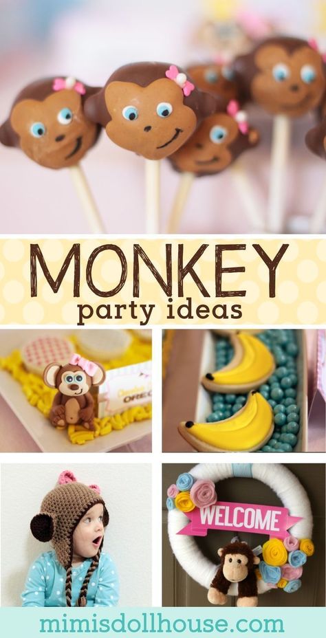 Monkey Party: Curious Emma is Turning Three! Let's Go Bananas with this cute little girly Monkey Party!! Looking for more Monkey party ideas?  Be sure to check out these monkey party activities, this Monkey headband tutorial and this diy ruffled tableskirt.  #party #parties #partyideas #monkey #kids #birthday #diy #baking via @mimisdollhouse Monkey Birthday Invitations, Monkey Themed Birthday Party, Monkey Headband, Monkey Party Decorations, Fondant Monkey, Monkey Party Ideas, Monkey Birthday Party, Banana Party, Monkey Cupcakes