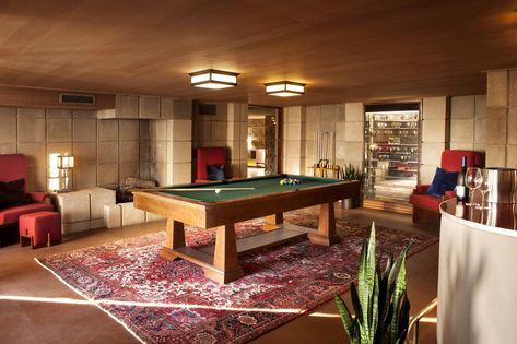 The billiards room doubles as a screening room.- TownandCountrymag.com Ennis House, House On Haunted Hill, Billiards Room, Frank Lloyd Wright Homes, Adobe Design, House Foundation, Billiard Room, Los Angeles Homes, Frank Lloyd