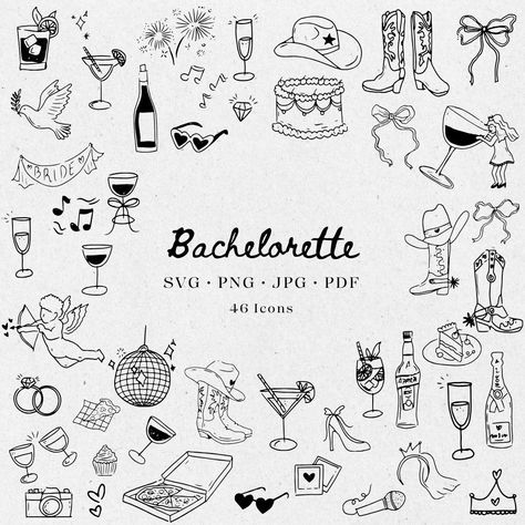 Minimal Digital Hand-Drawn Bachelorette Hen Do illustrations. Hand drawn clipart icons. Perfect for Bachelorette, Hen do, Wedding invitations, Parties invitations, Birthday, Galentines, Bridal Shower, Baby Shower and more.  This set includes hand-drawn elements such as drinks, party elements, cowboy boot, cowboy hat, bows, bride to be elements, sun glasses, pizza, cake, prosecco and more.  Hand drawn style with scribble drawings. Italian Style and French Style clipart icons. Please note that thi Hen Party Illustration, Black And White Hens Party, Bachelorette Illustration, Scribble Drawings, Pizza Icon, Party Elements, Drinks Party, Hand Drawn Elements, Pizza Cake