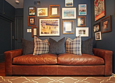 Roundup: 10 Bedrooms that Actually Incorporate Sports Memorabilia and Decor with Style » Curbly | DIY Design & Decor Man Cave Inspiration, Home Office Decor For Women, Brown Leather Couch, Man Cave Basement, Home Pub, Man Cave Home Bar, Cosy Home, Sports Room, Man Room