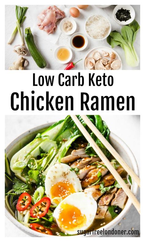 If you’re looking for a healthy, filling soup this Keto Ramen is a must-make. It is packed with flavour, green vegetables and a generous amount of protein in the form of chicken and a soft boiled egg. Instead of ramen noodles, we're keeping the carbs low by using konjac noodles. A tasty keto soup recipe that's on the table in less than 30 minutes! Antinflamatory Diet, Keto Ramen, Konjac Noodles, Soft Boiled Egg, Chicken Ramen, Boiled Egg Diet, Keto Soup, Keto Meals, Keto Chicken