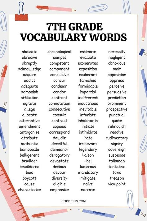 a list of 7th grade vocabulary words surrounded by cartoon ruler, pens, paper clips and other school supplies. 7th Grade Spelling Words List, 7th Grade Reading List, 7th Grade Spelling Words, Spelling Bee Word List, 7th Grade Writing, 7th Grade Tips, Spelling Bee Words, 7th Grade Reading, Makeup Acne