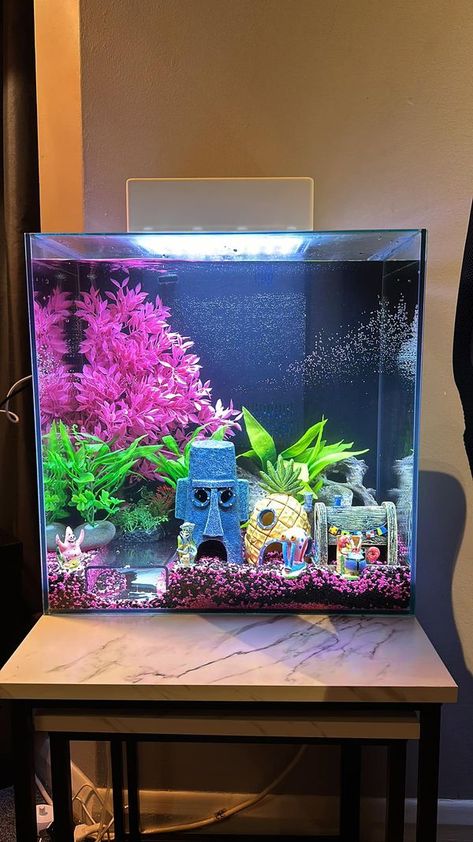 SpongeBob Lovers | My SpongeBob themed fish tank 😍 just missing SpongeBob himself | Facebook Spongebob Theme Fish Tank, Fish Tank Themes Ideas Aquarium, Themed Fish Tank, Spongebob Aquarium, Spongebob Fish Tank, Fish Tank Themes Ideas, Fish Tank Themes, Small Fish Tanks, Cool Fish Tanks