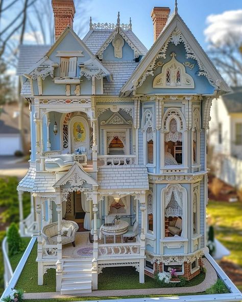 Victorian Stick Style House, Doll House Victorian, Victorian Dollhouse Exterior, Victorian Dollhouse Interior, Blue Victorian House, Dollhouse Exterior, Victorian Dollhouse Furniture, Tiny Glade, Big Doll House