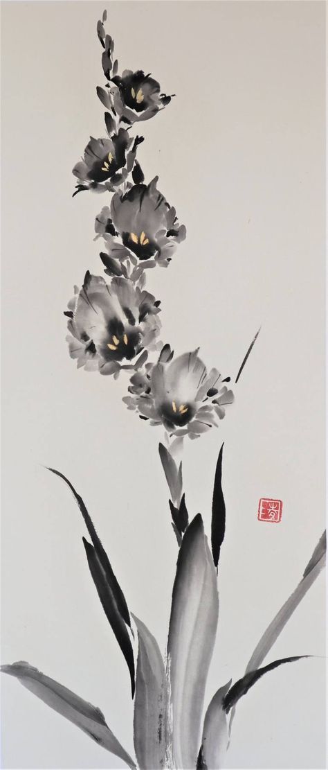 Chinese Ink Painting Flower, Chinese Brush Painting Flowers, Gladiola Painting, Black Flower Painting, Chinese Art Style, Chinese Art Traditional, Chinese Ink Art, Ink Aesthetic, Black Ink Painting