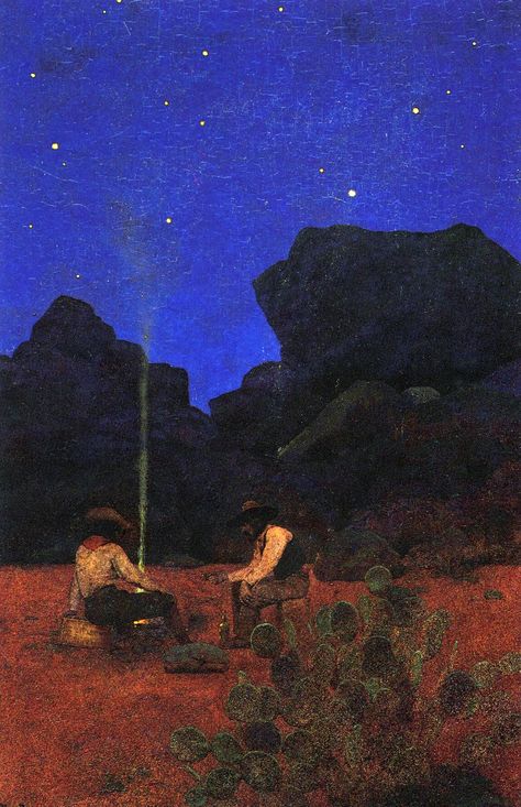 Night in the desert by Maxfield Parrish. From “The Great South West” by Ray Stannard Baker. The Century Magazine, c 1902 Maxfield Parrish, Western Artwork, West Art, Western Aesthetic, Cowboy Art, Baby Cowboy, Crafts Projects, In The Desert, Western Art