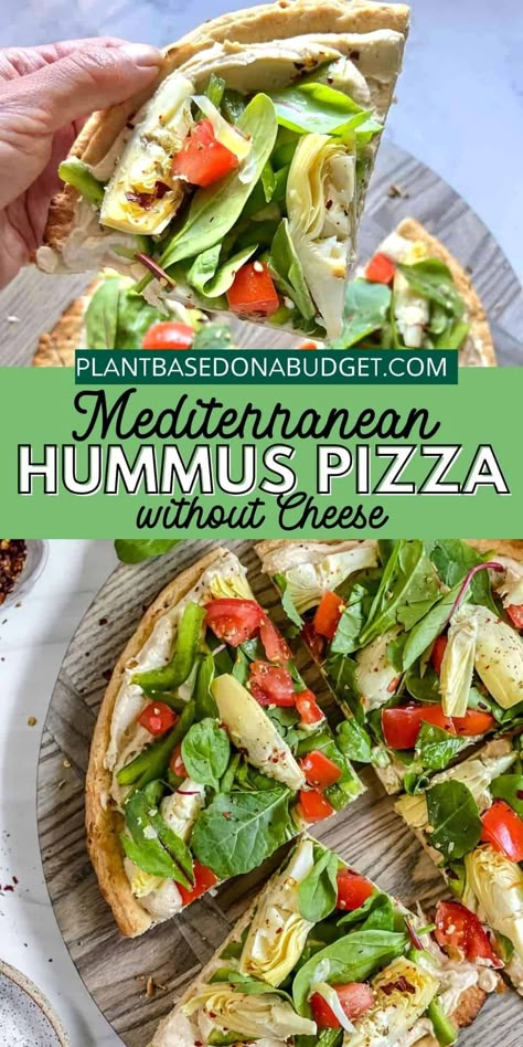 Mediterranean Diet Pizza, Pizza Without Cheese, Vegan Pizza Toppings, Vegan Mediterranean Recipes, Mediterranean Hummus, Hummus Pizza, Plant Based On A Budget, Vegan Pizza Recipes, Vegan Mediterranean