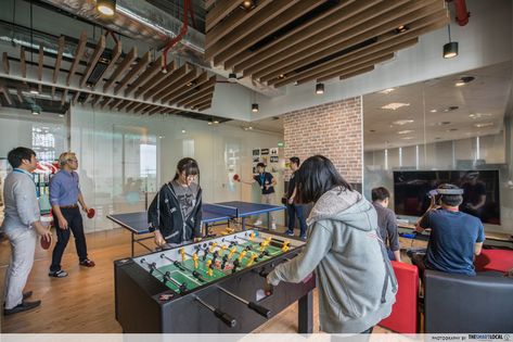 rakuten office games room foosball table tennis Recreational Area In Office, Table Tennis Office, Table Tennis Games Room, Game Company Office, Office Games Room, Table Tennis Room, Teen Club, Mini Foosball Table, Startup Office Design