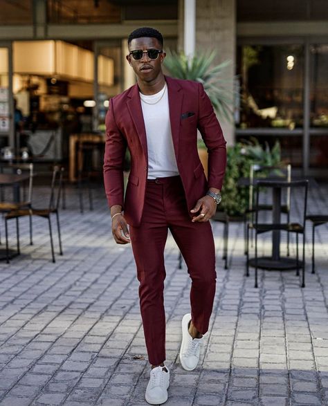 Mens Christmas Party Outfit, Suits And Sneakers, Black Men Fashion Casual, Instagram Luxury, Black Men Fashion Swag, Homecoming Outfits, Burgundy Suit, Mens Casual Dress Outfits, Fall Outfits Men