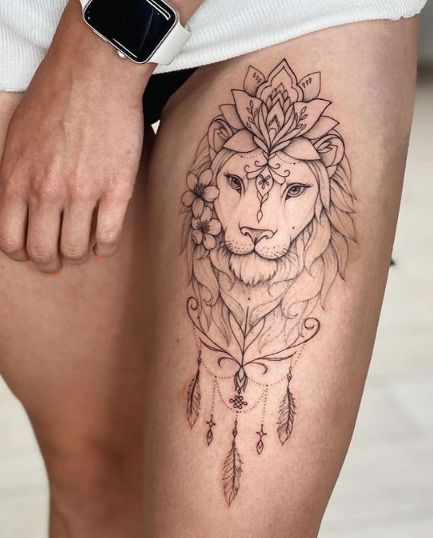 Small Bird Tattoos, Mario Tattoo, Om Tattoo Design, Lioness Tattoo, Hip Thigh Tattoos, Lion Tattoos, Beautiful Lion, Leo Tattoos, Muster Tattoos