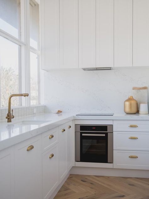 A return to the glory years | news.com.au — Australia’s leading news site Brass Kitchen Handles, Modern Kitchen Apartment, Kitchen Brass, White Shaker Kitchen, Cup Pulls, Burnished Brass, Shaker Kitchen, St Kilda, Kitchen Inspiration Design