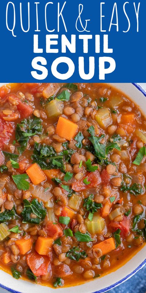 This Quick and Easy Vegetarian Lentil Soup recipe is made using canned lentils, which cuts down on the cooking time so much! This soup is still hearty and flavorful but it is ready in half the time. This plant based soup recipe is a protein packed one pot meal that can be prepped ahead of time and is freezer friendly. Enjoy with lunch or dinner and serve with bread. #lentilsoup #quickandeasy #souprecipe #vegetarian #plantbased Recipes With Canned Lentils, Lentil Soup With Canned Lentils, Lentil Crockpot Soup, Canned Lentil Recipes Easy, Lintel Soup Recipes Lentils, Canned Lentil Soup, Canned Lentil Recipes, Lentil Soup Recipe Easy, Lentil Soup Recipe Healthy