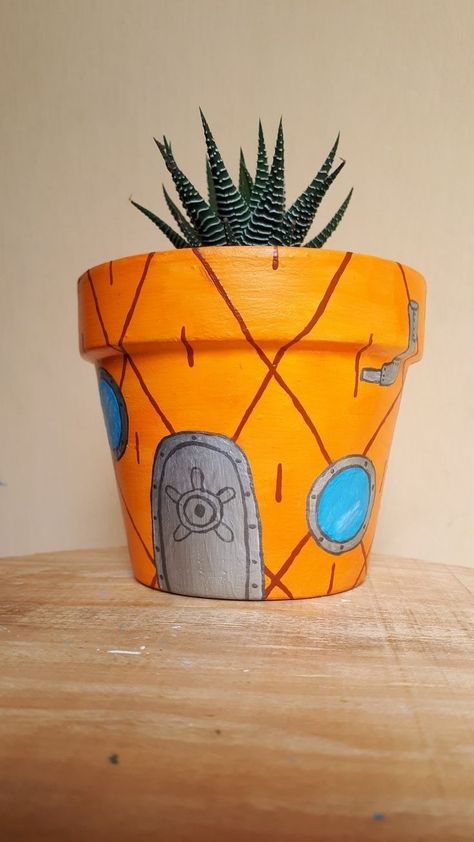 Painting Pot Plants Ideas, Paint Ideas For Plant Pots, Planting Pot Painting Ideas, Trippy Painted Pots, Spongebob Pot Painting, Planter Pots Painting Ideas, Diy Paint Planter Pot, Spongebob Plant Pot, Painted Pot Ideas Easy Diy