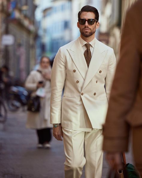 We still can't get over how beautiful this off-white flannel suit is! We love how Carlos styled it, the crisp white shirt and the touch of… | Instagram White Suit Men, Off White Flannel, Tailoring Ideas, Pitti Uomo Street Style, Cream Suit, Suit Styles, Wedding Wardrobe, Flannel Suit, Gentleman Aesthetic