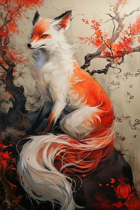 Kitsune Painting, Kitsune Fox Art, 9 Tailed Fox Art, Kitsune Wallpaper, Fox Familiar, Fox Collage, Fox Warrior, Asian Fox, Magic Fox