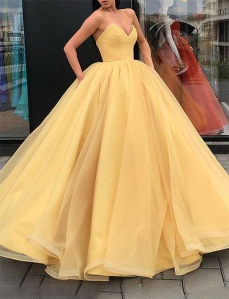 Vestido de Amber Yellow Ball Gown, Yellow Formal Dress, Gown Yellow, Organza Ball Gown, Strapless Evening Gowns, Wedding Dress Organza, Prom Dresses Yellow, A Line Evening Dress, Sweetheart Prom Dress